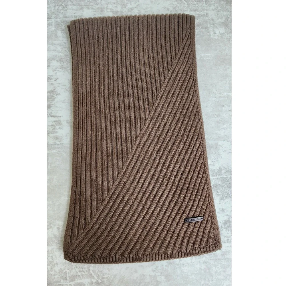 AllSaints Unisex Wool Blend Knit Travelling Rib Narrow Brown Scarf One Size Cozy
